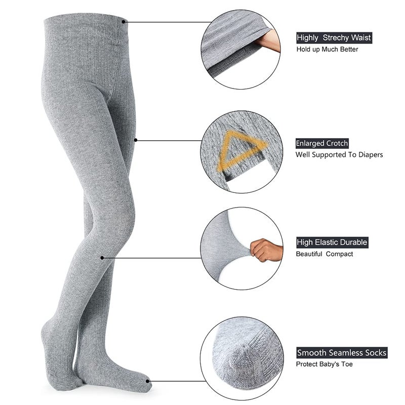 Petrass Girls Tights Toddler Cable Knit Cotton Footed Seamless Dance Ballet Baby Girls' Leggings 3 Pack Black/Ivory/Grey 5-6Y - Image 4
